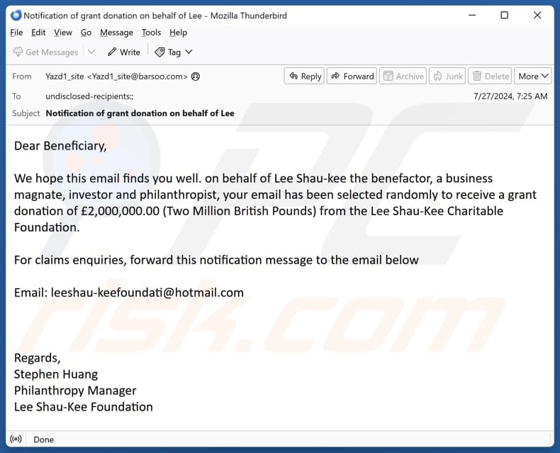 Campagne de spam par e-mail de la Lee Shau-Kee Charitable Foundation
