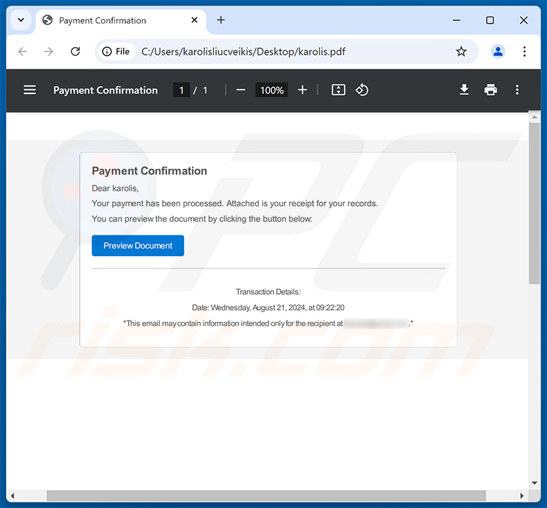 Document PDF trompeur distribué par le biais d'un courriel de confirmation de paiement (2024-08-27)