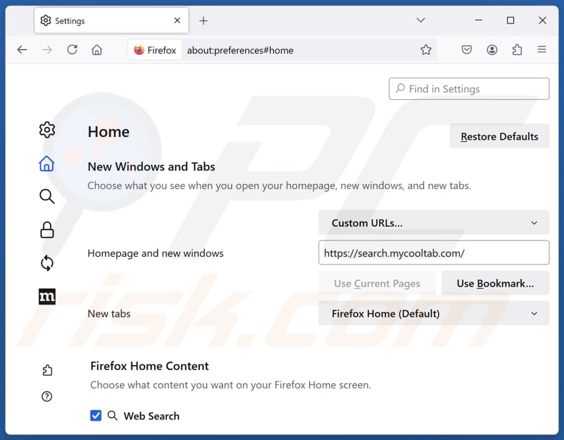 Supprimer search.mycooltab.com de la page d'accueil de Mozilla Firefox