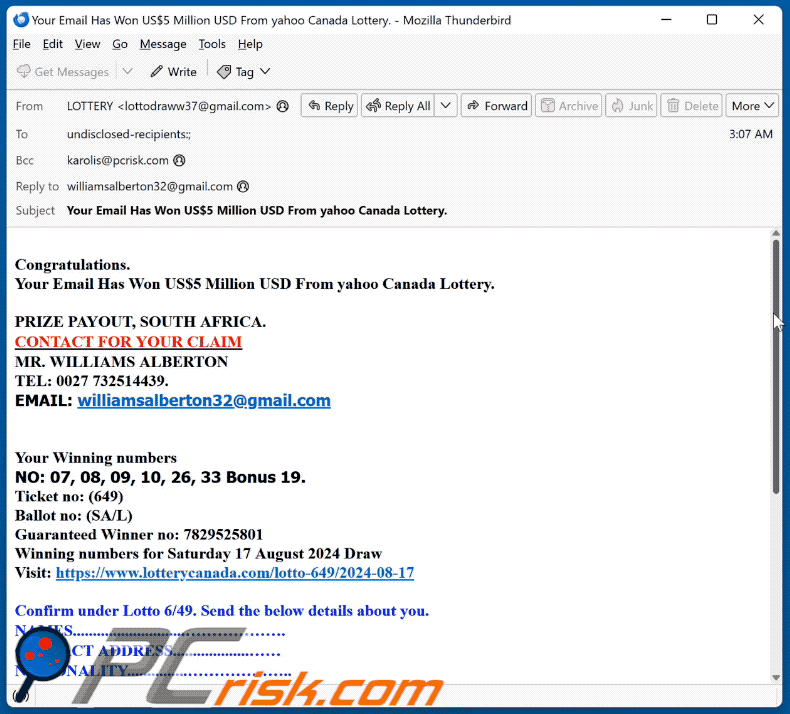 Yahoo Canada Lottery Apparition d'un courriel frauduleux (GIF)