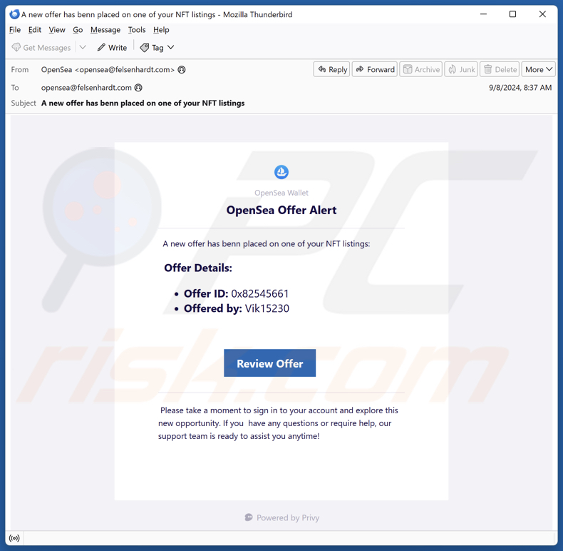 OpenSea Offer Alert Campagne de spam par courrier électronique