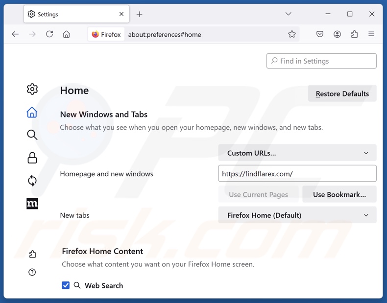 Supprimer findflarex.com de la page d'accueil de Mozilla Firefox