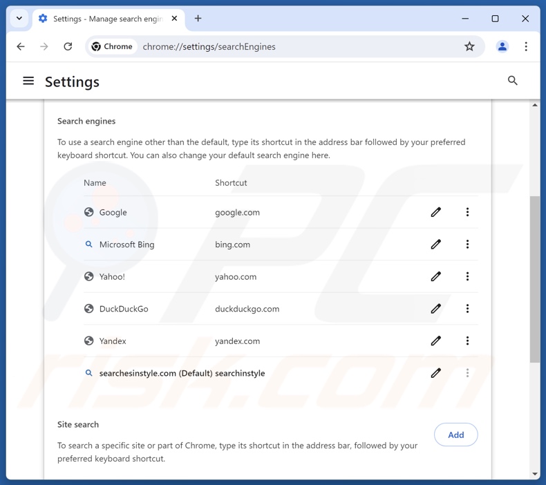 Suppression de searchesinstyle.com du moteur de recherche par défaut de Google Chrome