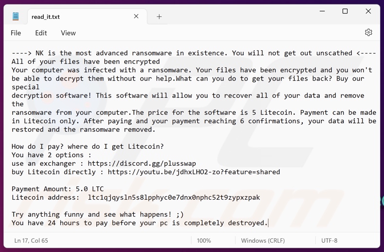 NK ransomware note de rançon (read_it.txt)