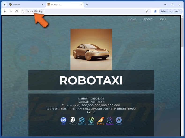Apparition d'un site web (robotaxi2024[.]xyz) promouvant l'arnaque ROBOTAXI ($TAXI)