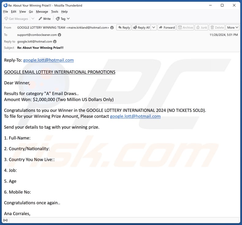 Google Email Lottery International Promotions Campagne de spam par courrier électronique
