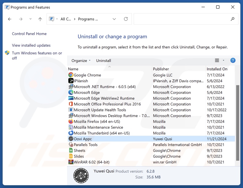 Oovi Appc désinstaller via le panneau de configuration