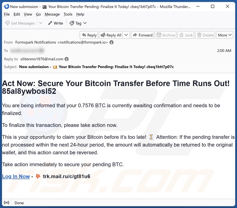 Blockchain.com Money Transfer escroquerie à l'envoi d'un courriel de promotion