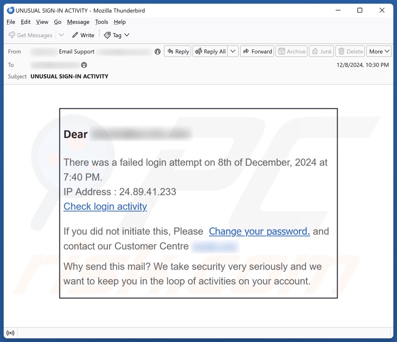 Failed Login Attempt Campagne de spam par courrier électronique