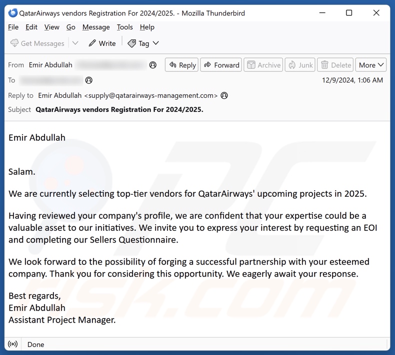 Qatar Airways Campagne de spam par courrier électronique