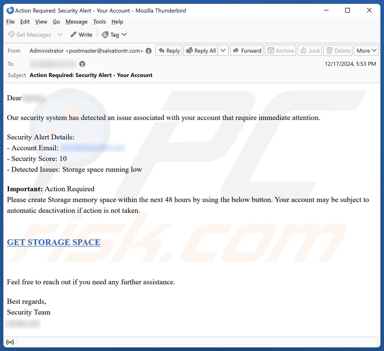 Storage Space Running Low Campagne de spam par courrier électronique