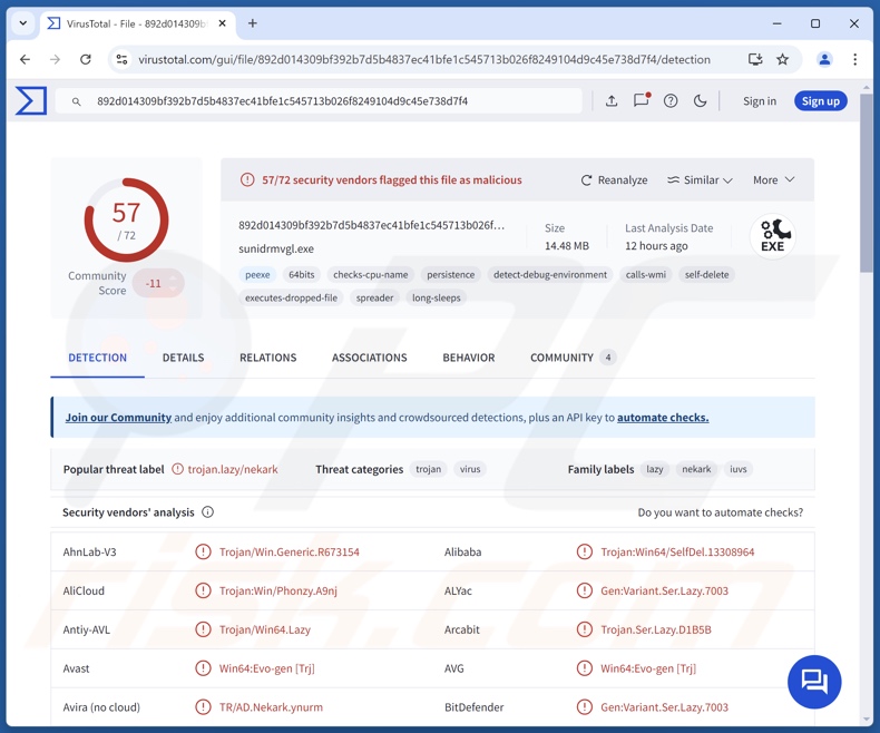 Zephyr Miner détections de logiciels malveillants sur VirusTotal