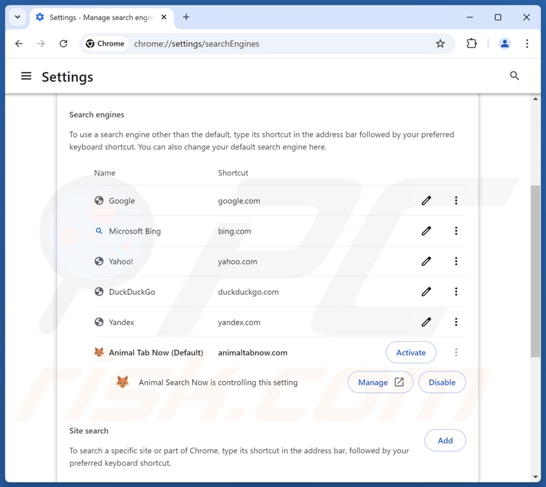 Supprimer animaltabnow.com du moteur de recherche par défaut de Google Chrome
