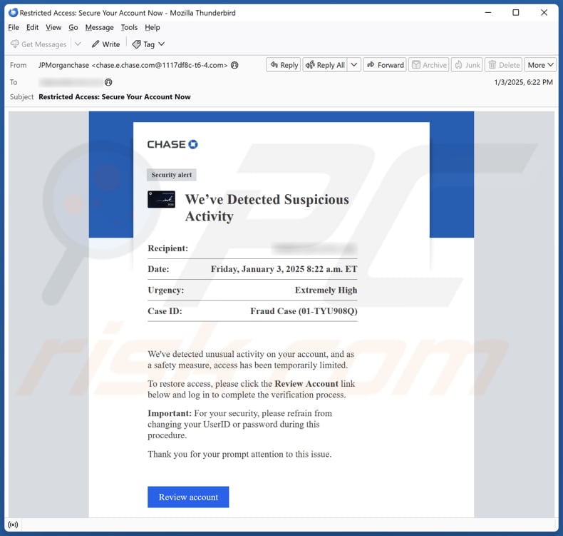Chase - Suspicious Activity campagne de spam par e-mail