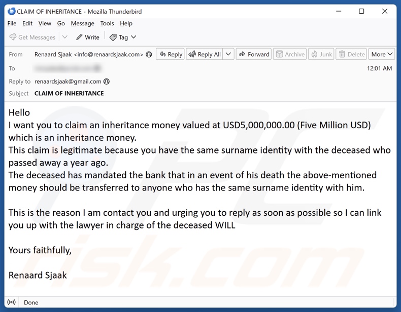 Claim Inheritance Money Campagne de spam par courrier électronique