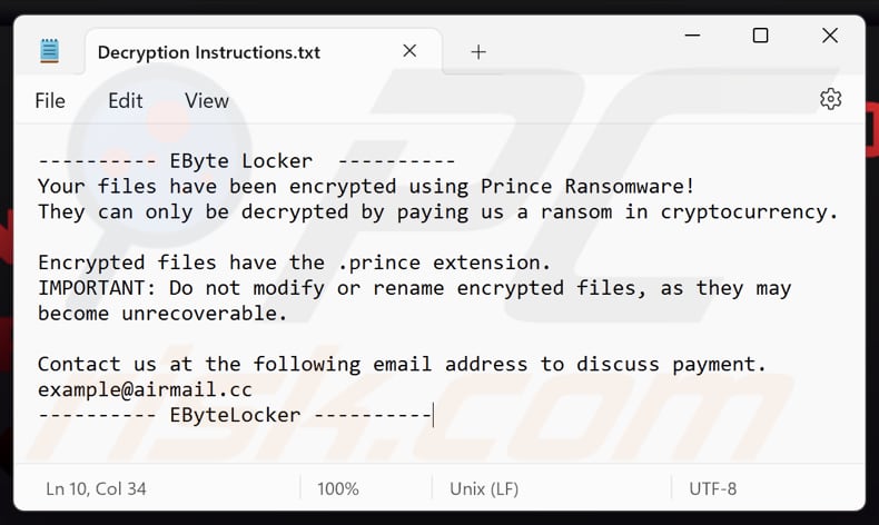 EByte Locker ransomware fichier texte (Decryption Instructions.txt)