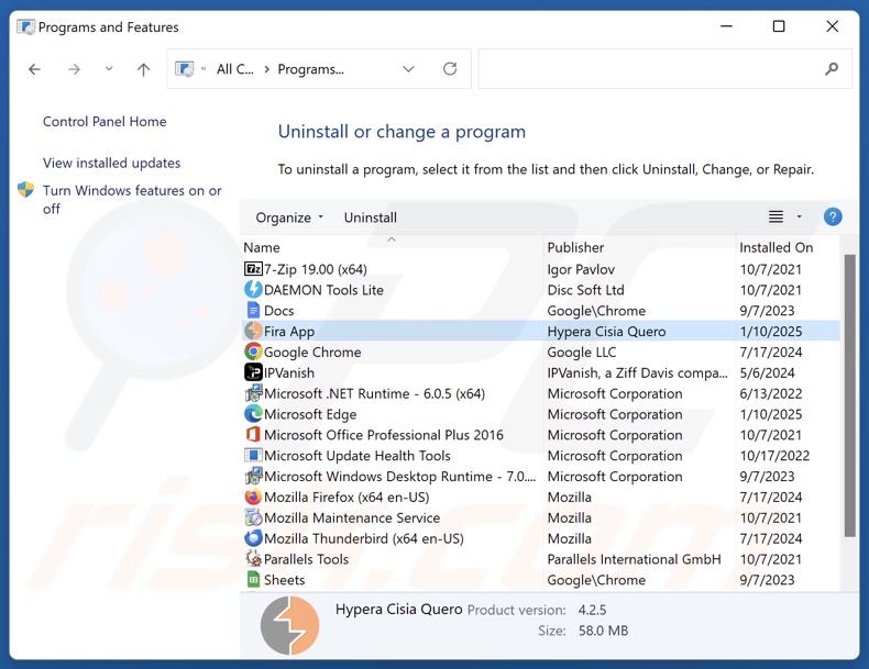 Désinstallation de l'application Fira via le panneau de configuration