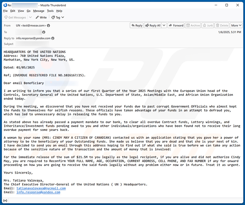 Fund transaction arnaque par e-mail (2025-01-07)