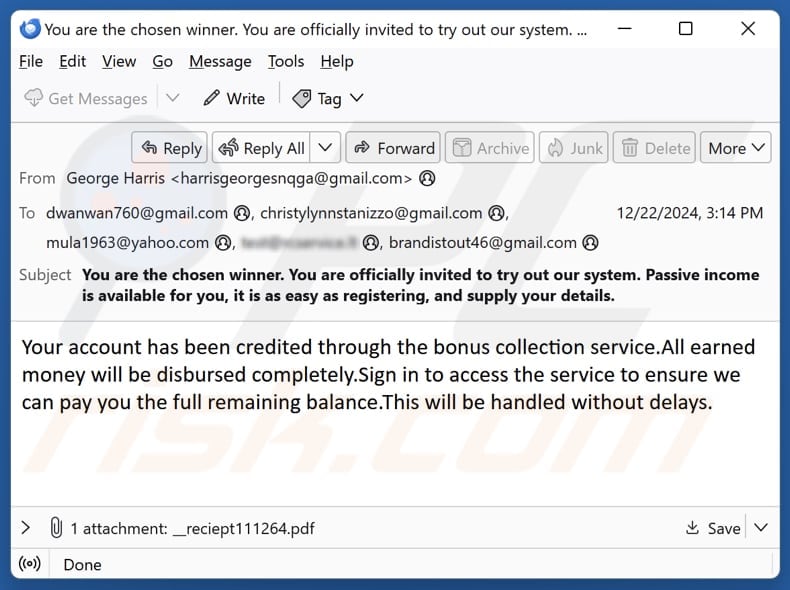 MailCach Bitcoin Earning escroquerie à l'envoi d'un courriel de promotion