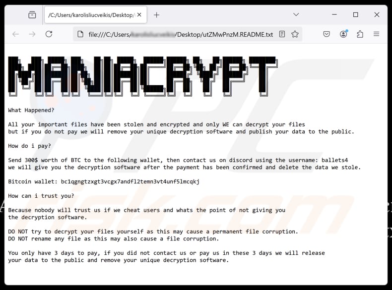 Mania Crypter ransomware fichier texte ([random_string].README.txt)