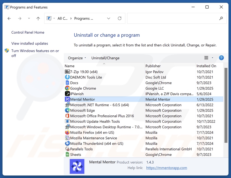 Mental Mentor désinstaller via Control Panel