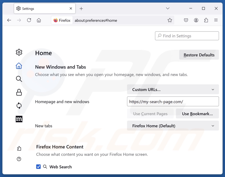 Supprimer my-search-page.com de la page d'accueil de Mozilla Firefox