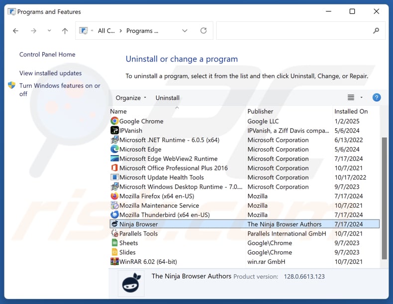 Ninja Browser désinstaller via le panneau de configuration