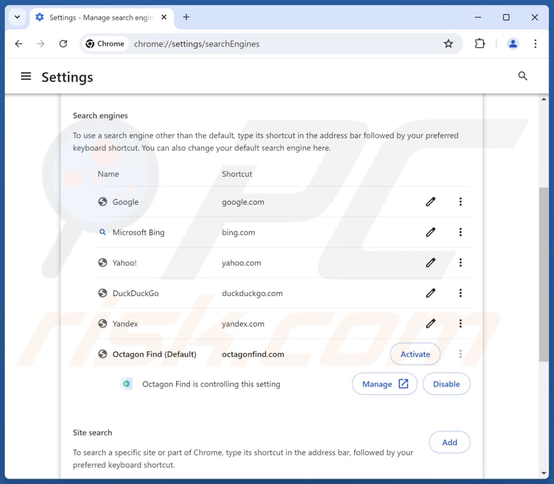 Supprimer octagonfind.com du moteur de recherche par défaut de Google Chrome