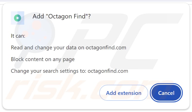 octagonfind.com Permissions de redirection demandées par le pirate de navigateur Octagon Find