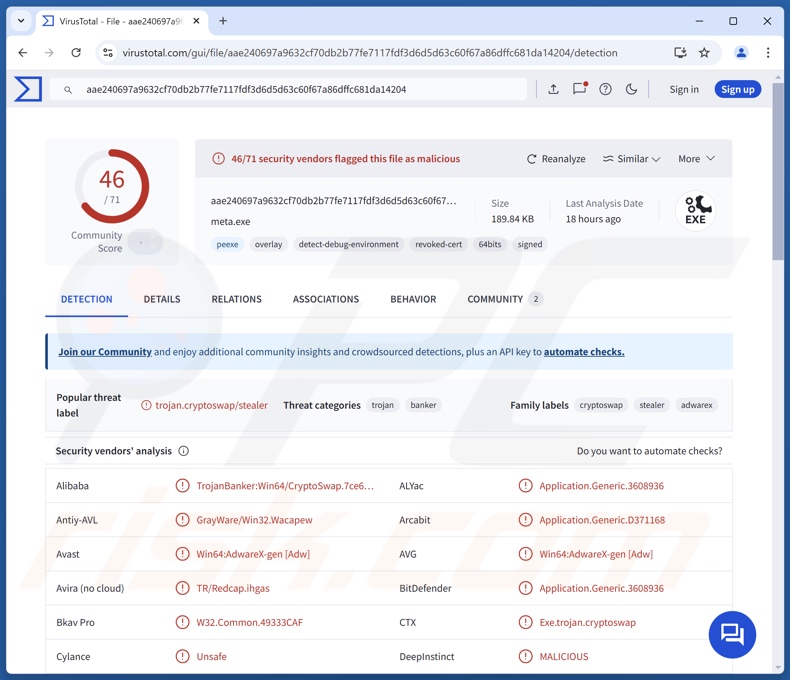 Détections de logiciels malveillants ScarletStealer sur VirusTotal