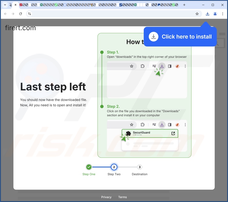 Site web trompeur utilisé pour promouvoir SecuriGuard PUA étape 2