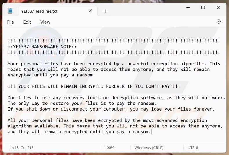 YE1337 ransomware fichier texte (YE1337_read_me.txt)