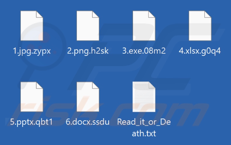 Fichiers cryptés par DeathHunters ransomware (extension composée de 4 caractères aléatoires)