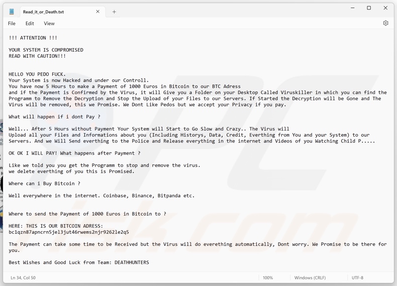 DeathHunters ransomware note de rançon (Read_it_or_Death.txt)