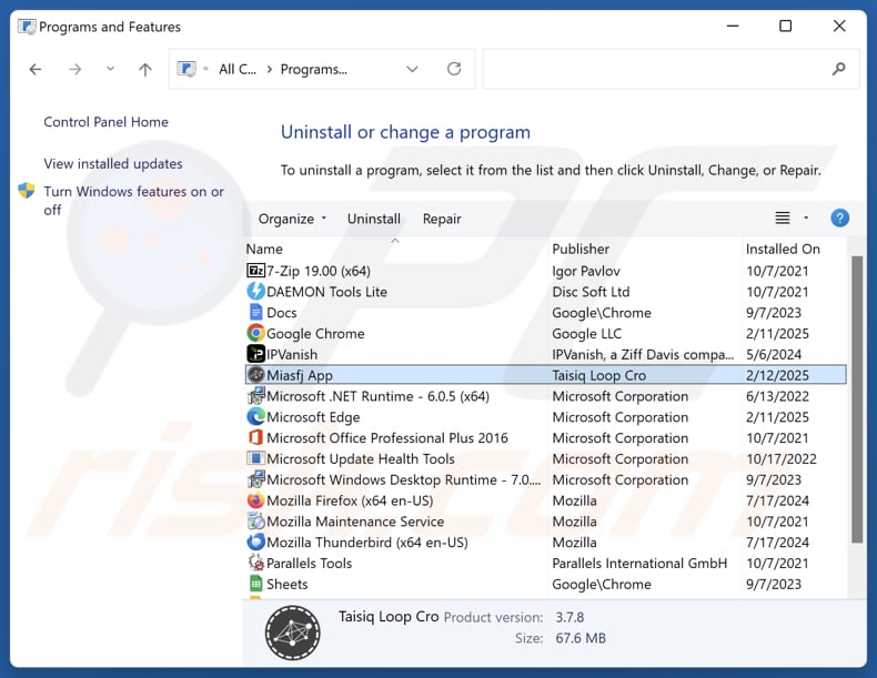 Miasfj App désinstaller via Control Panel