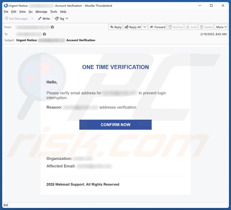 One Time Verification Campagne de spam par courrier électronique