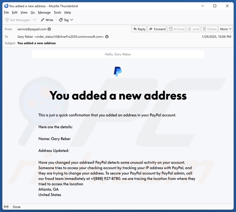 PayPal - You Added A New Address variante de l'email frauduleux