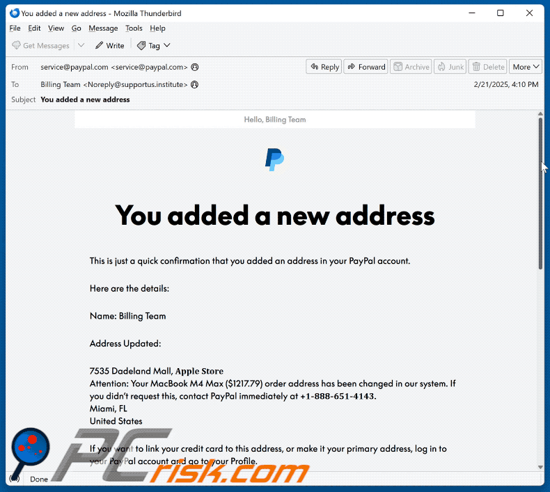 PayPal - You Added A New Address Apparition d'un courriel frauduleux (GIF)