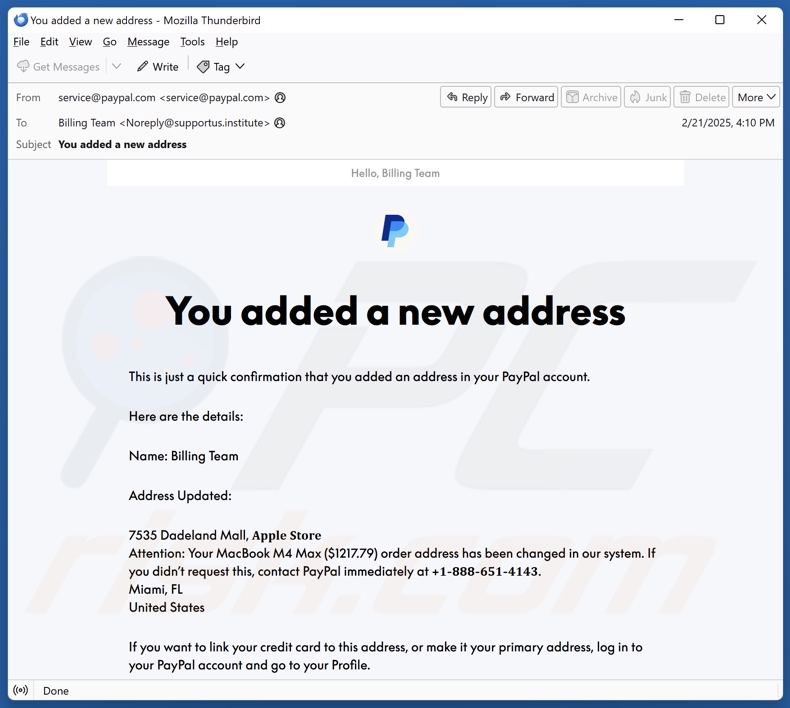 PayPal - You Added A New Address Campagne de spam par courrier électronique