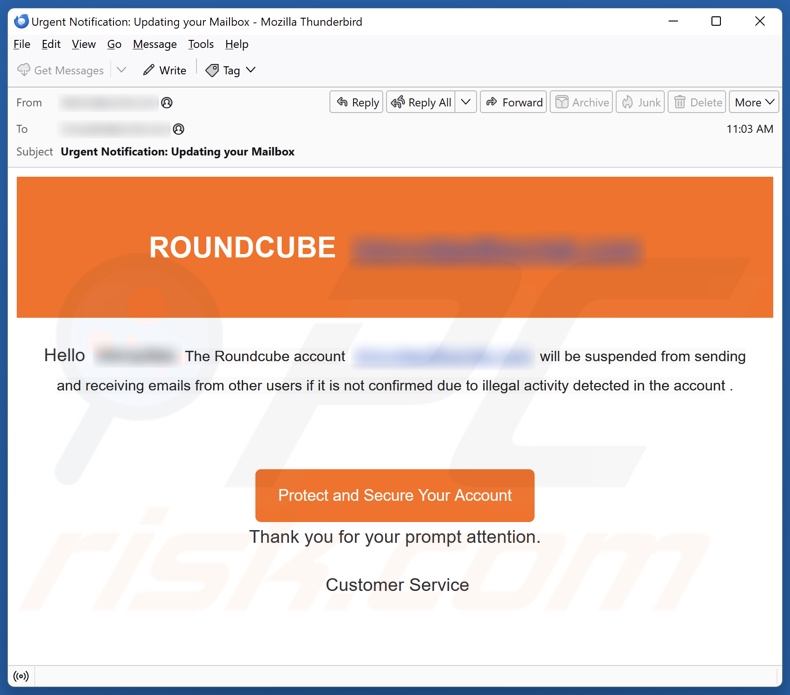 Roundcube Account Will Be Suspended Campagne de spam par courrier électronique