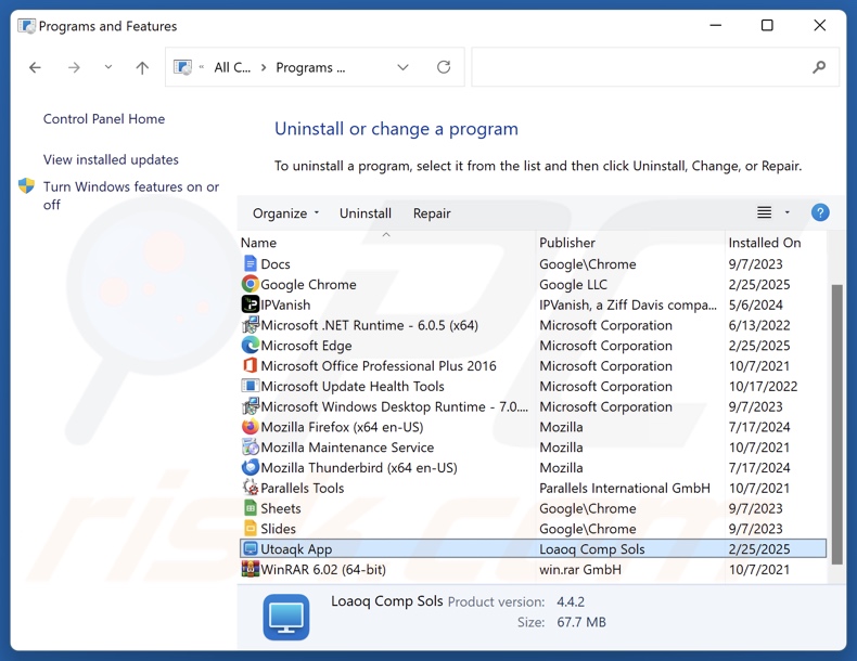 Utoaqk App désinstaller via Control Panel
