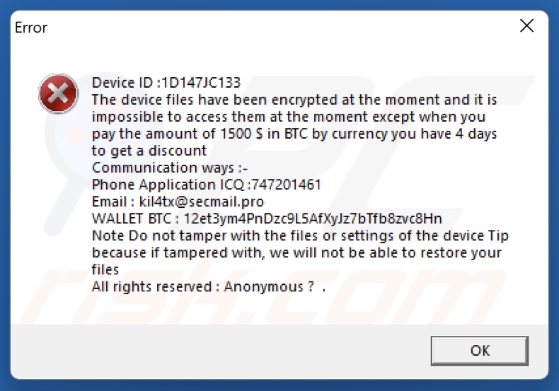 Anonymous (Xorist) ransomware note de rançon (pop-up)