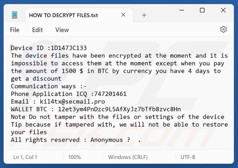 Anonymous (Xorist) ransomware fichier texte (HOW TO DECRYPT FILES.txt)