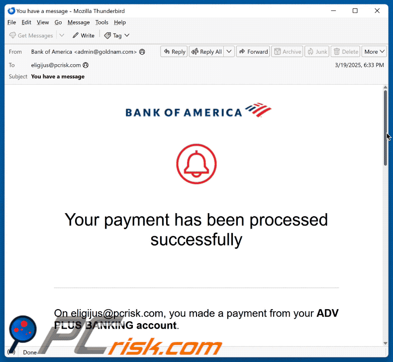 Bank Of America - Payment Processed Successfully Apparition d'une escroquerie par courriel