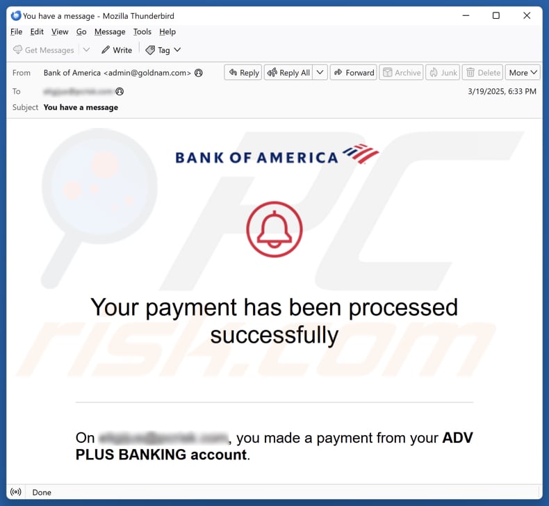 Bank Of America - Payment Processed Successfully Campagne de spam par courrier électronique