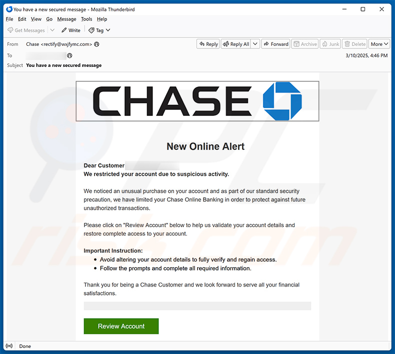 Chase - Suspicious Activity email arnaque (2025-03-13)