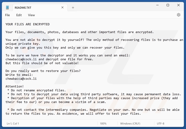 Chewbacca ransomware note de rançon (README.TXT)
