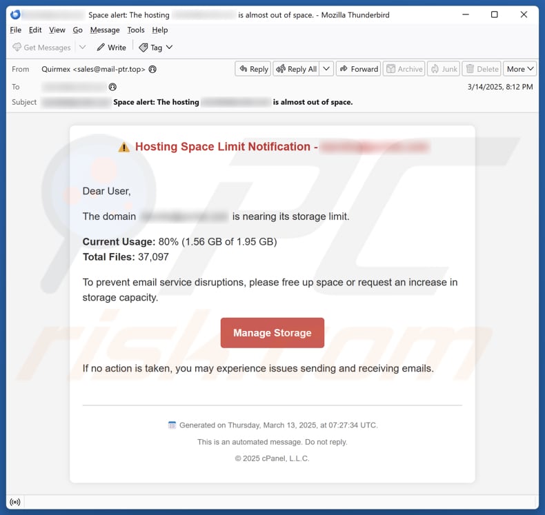 Hosting Space Limit Notification Campagne de spam par courrier électronique