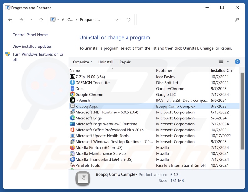 Kiicvoq Apps désinstaller via Control Panel