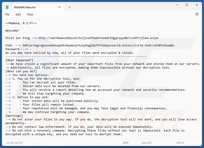 Mamona ransomware note de rançon (README.HAes.txt)